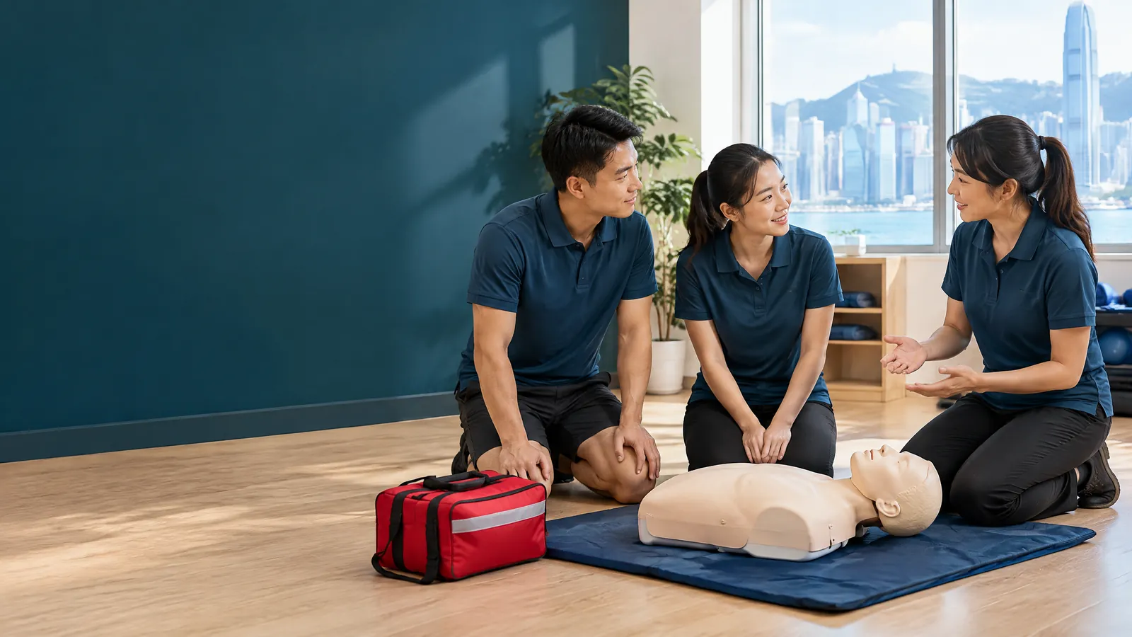 Illustrative first aid training manikin beside diving safety equipment in Hong Kong