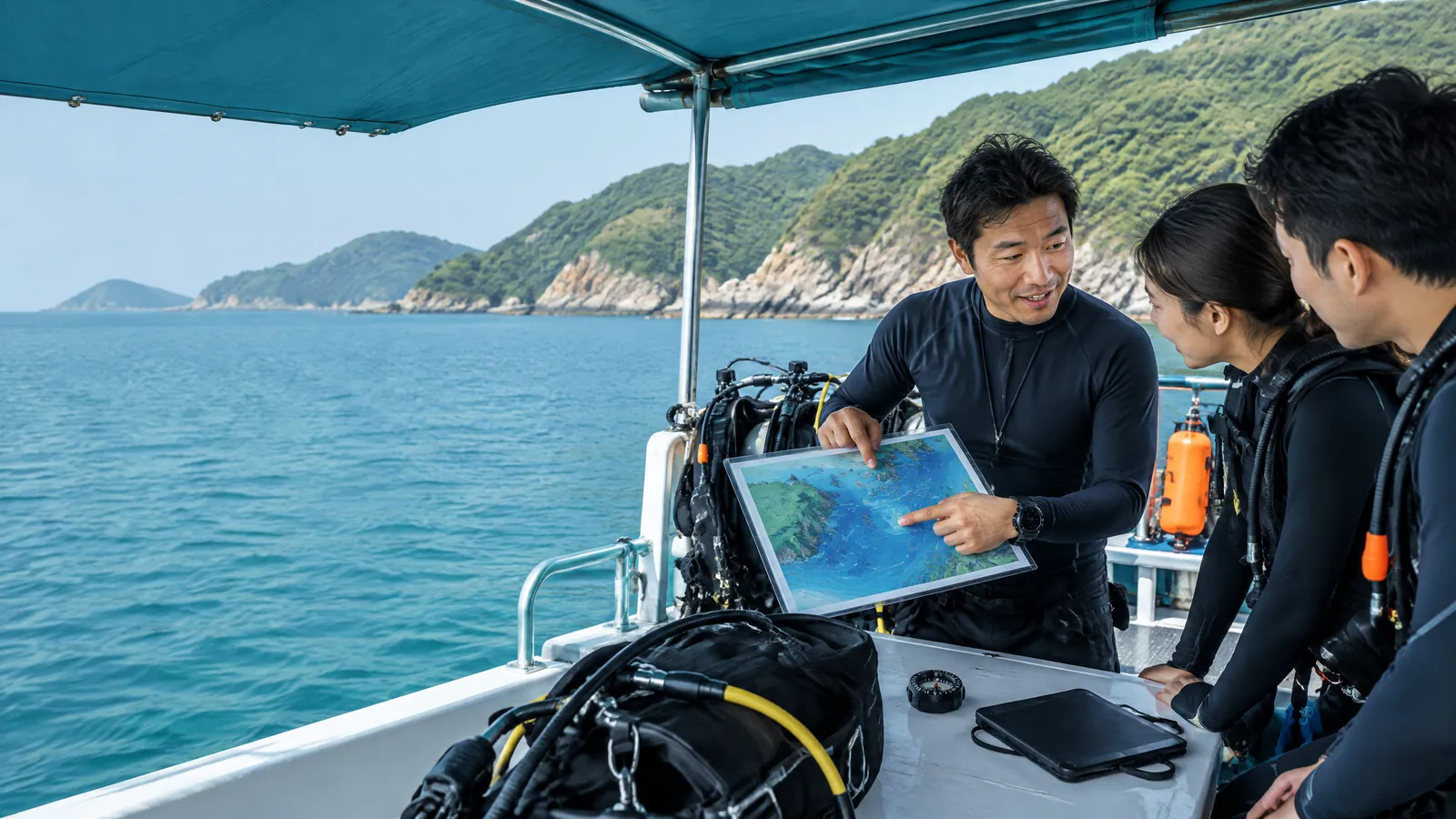 Illustrative dive guide planning a Hong Kong scuba course schedule