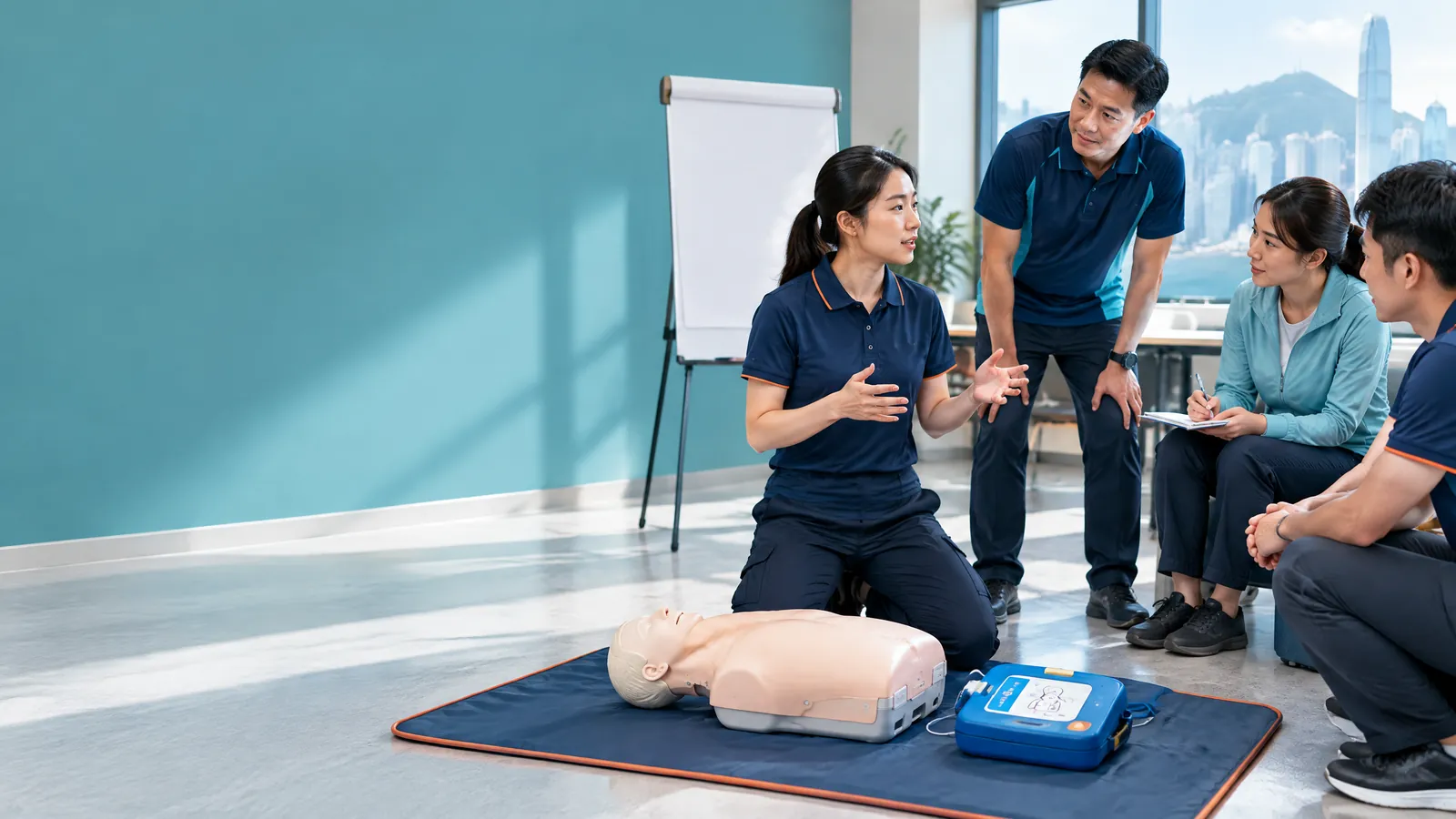 Illustrative Hong Kong first-aid instructor teaching practical response skills