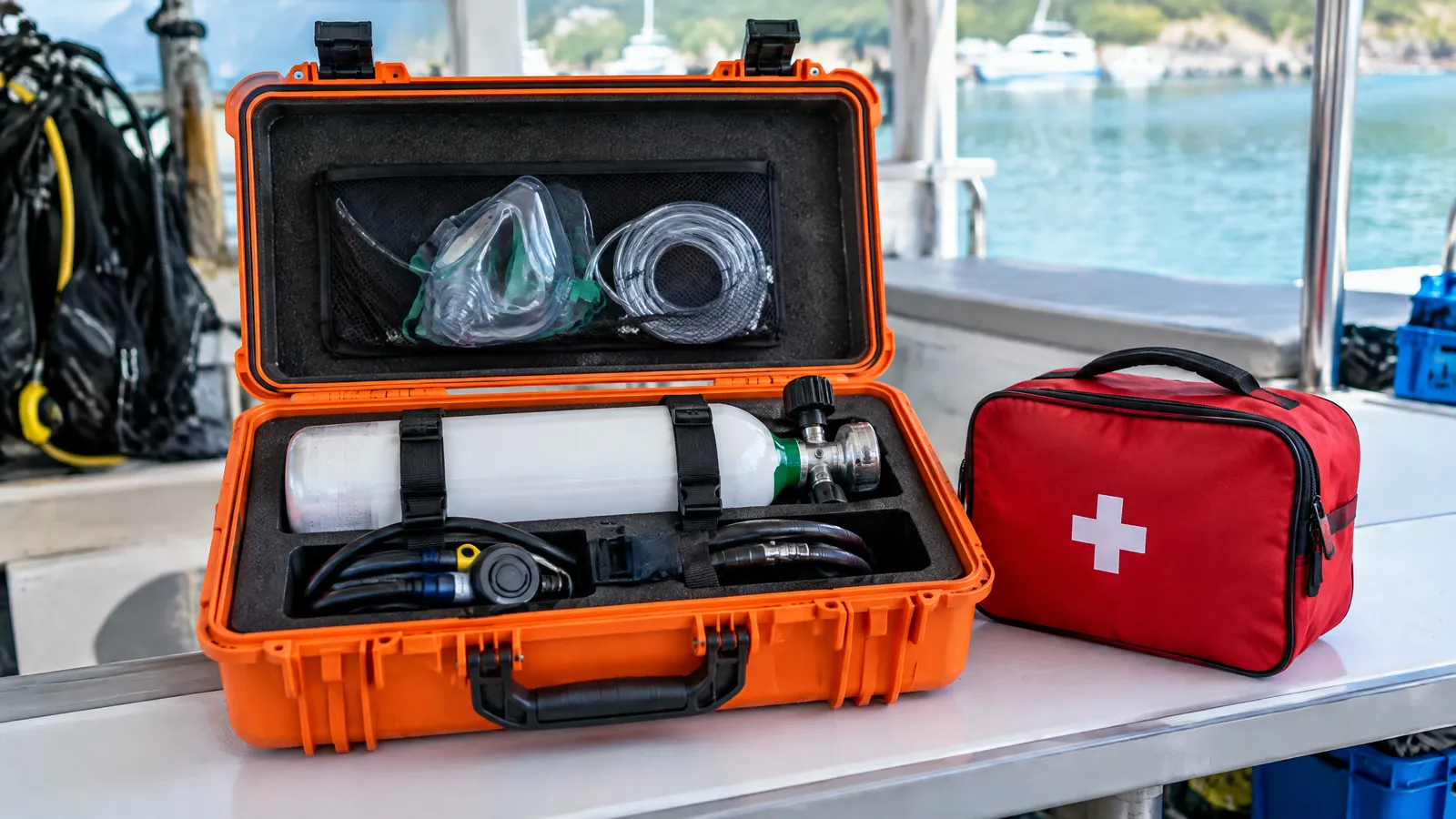 Illustrative emergency oxygen kit in a diving safety setting in a Hong Kong diving context.